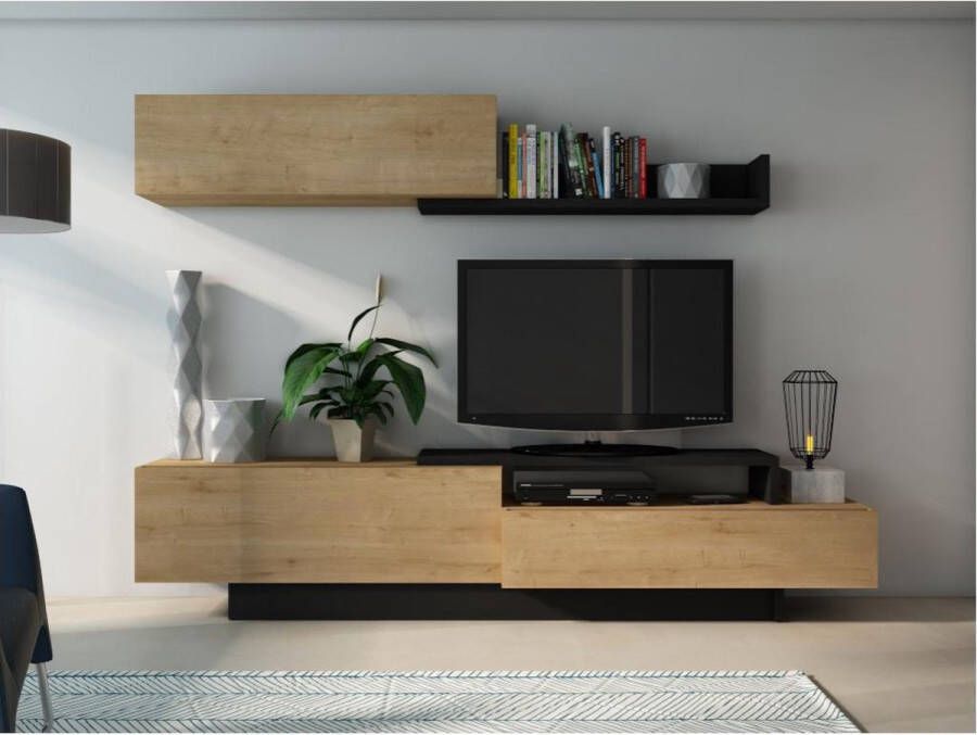 Vente-unique Tv-wand MONTY met opbergruimte Antraciet en eiken L 240 cm x H 71 cm x D 40 cm - Foto 3