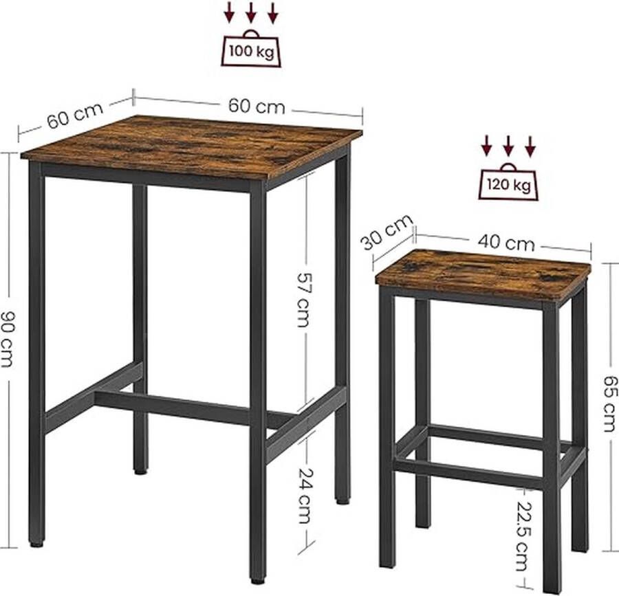 Trend24 Bartafel met barstoelen Bartafel met barstoelen Barkrukken set van 2 Bartafel vierkant Inclusief 2 barkrukken 19.1 kg MDF Staal Zwart Bruin 60 x 60 x 90 cm
