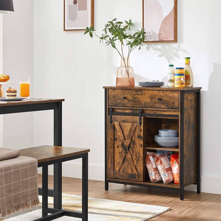 Trend24 Dressoir Sidetable Opbergkast Ladekast Dressoir industrieel Met deur 70 x 30 x 80 cm Bruin Zwart