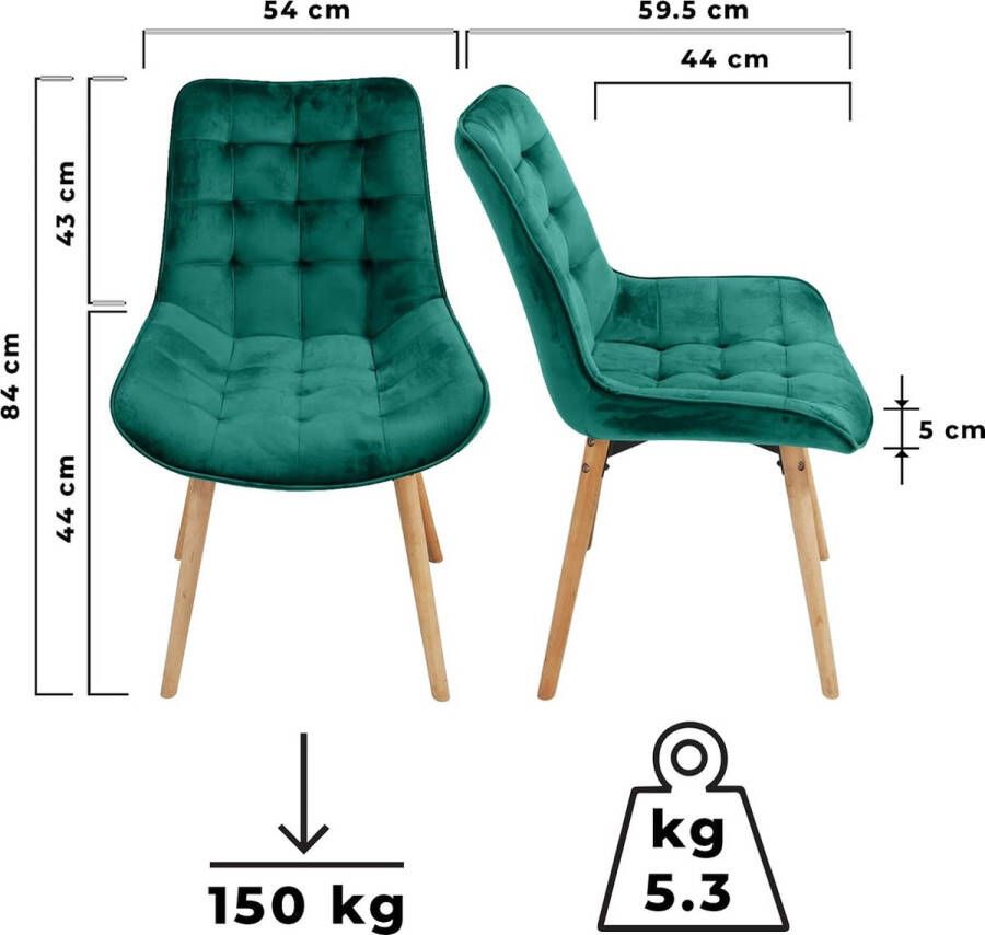 Trend24 Eetkamerstoel Eetkamerstoelen Eetkamerstoel met armleuning Stoelen Gestoffeerde stoel 6 kg Fluweel Groen 54 x 59.5 x 84 cm