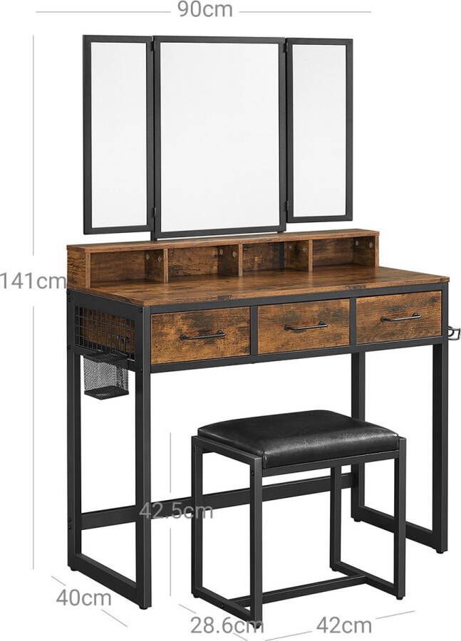 Trend24 Kaptafel met spiegel Make up tafel Inclusief kruk 90 x 40 x 141 cm Bruin Zwart
