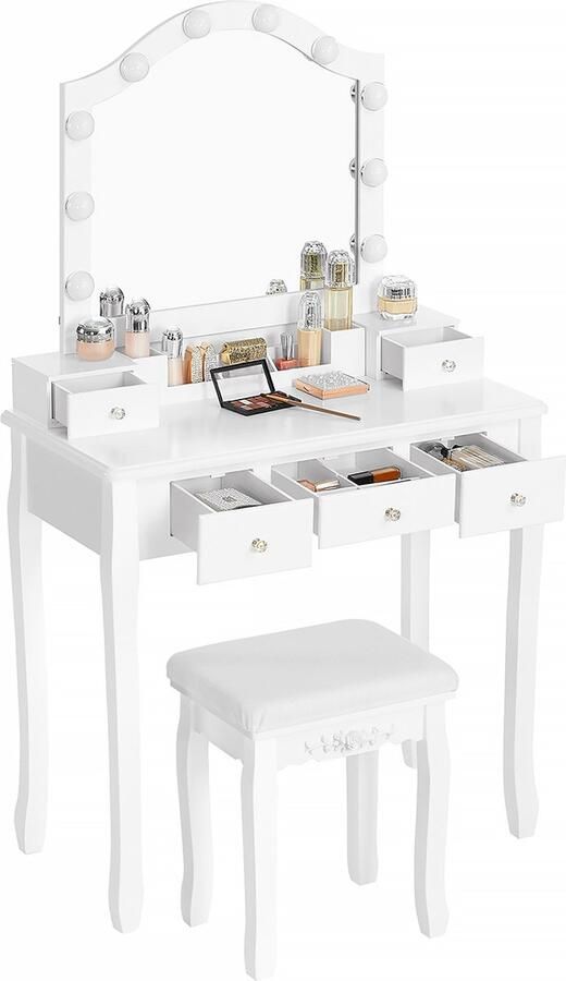 Trend24 Kaptafel met spiegel en verlichting Make up tafel Kaptafel met spiegel Kaptafel hollywood Inclusief kruk Wit