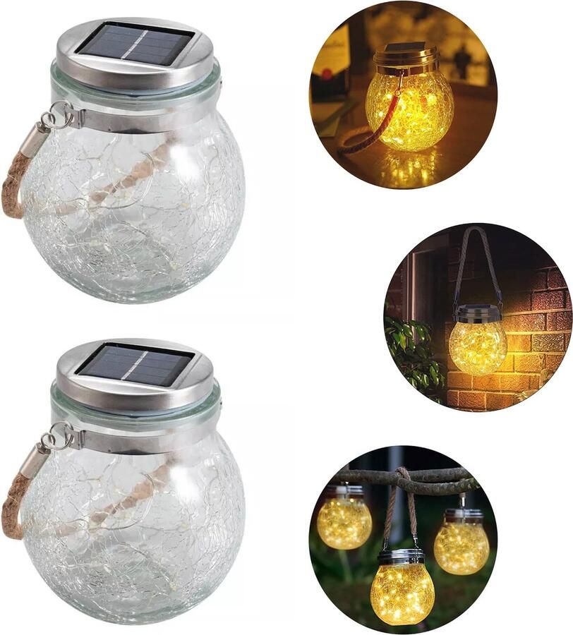 Trend24 Solar lantaarn Craquelé Glas Tuinverlichting op zonneenergie Solar tafellamp Tuinlantaarn Set van 2 stuks Met sensor Ophangbaar 12 x 14 cm Warm wit