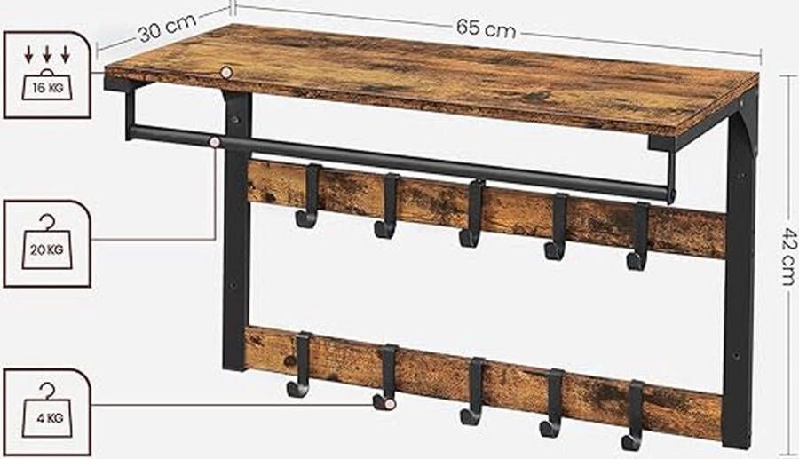 Trend24 Wandkapstok met hoedenplank Wandkapstok Industrieel Wandkapstokken 3.3 kg MDF Staal Afneembare haken Bruin zwart 65 x 30 x 42 cm