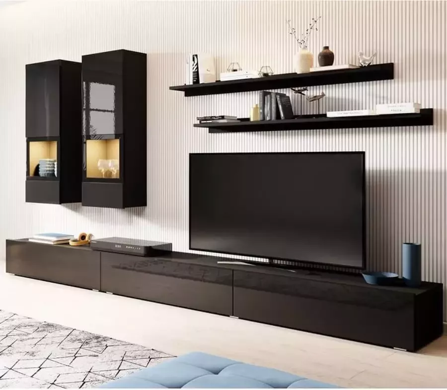 Trendmeubel Tv-Meubel Set zwart hoogglans met zwart mat Tv-kast van 270cm en 5 deuren