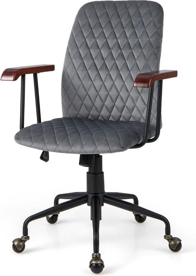 Trendmix Fluwelen Bureaustoel Grijs – Ergonomisch Verstelbaar – Kantelbare Rugleuning – 150 kg Draagvermogen – Retro Design met Koperen Wielen