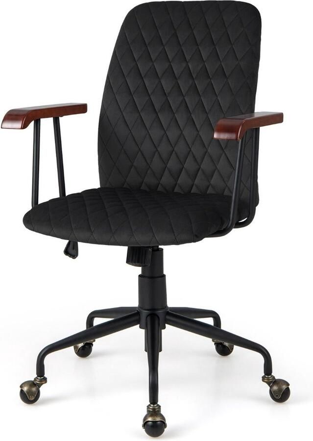 Trendmix Fluwelen Vintage Bureaustoel Met Kantelbare Rugleuning 150 kg Draagvermogen Ergonomische Verstelbare Draaibare Thuiskantoor Stoel Zwart