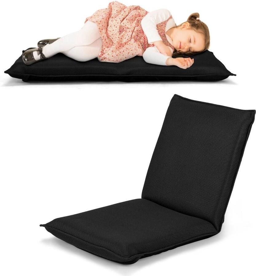 Trendmix Vloerstoel met 6-Traps Verstelbare Rugleuning – Meditatiestoel met Dikke Vulling – Zwart – Inklapbaar en Lichtgewicht