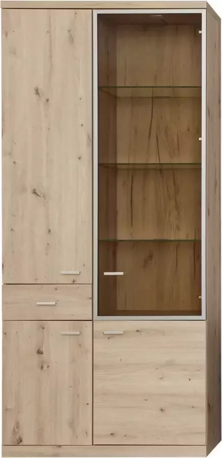 Trendteam Echo vitrinekast 4 deuren 1 lade eiken decor bruin pasolglas met mat nikkel aluminium frame