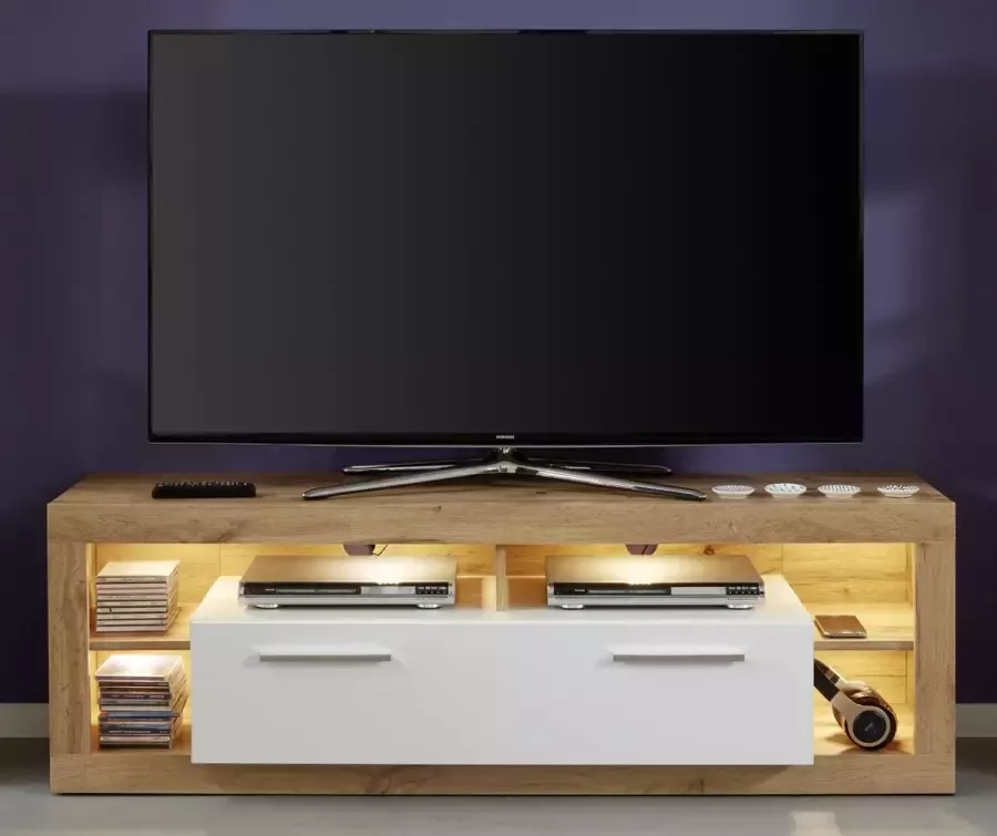 Trendteam Rock TV-meubel 150 cm 1 deur 4 open vakken Wotan Eiken decor wit hoogglans - Foto 2