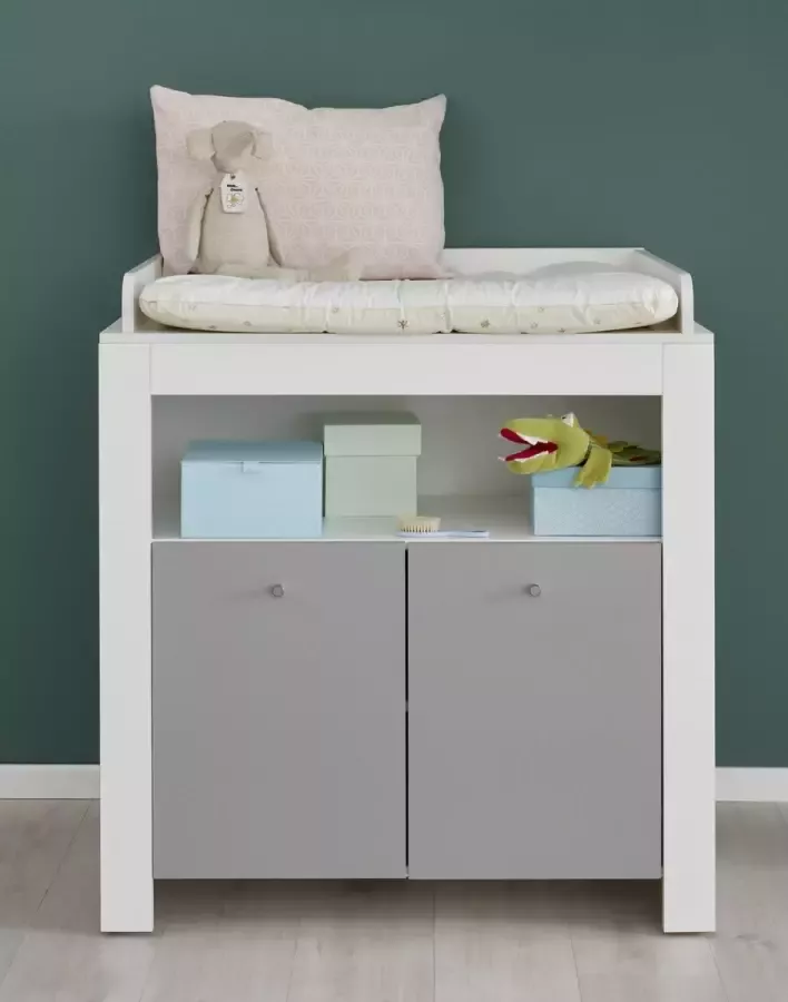 Trendteam smart living trendteam babykamer commode Pia Baby 96 x 103 x 69 cm voorkant wit melamine met afwerkingen lichtgrijs corpus wit melamine met veel opbergruimte