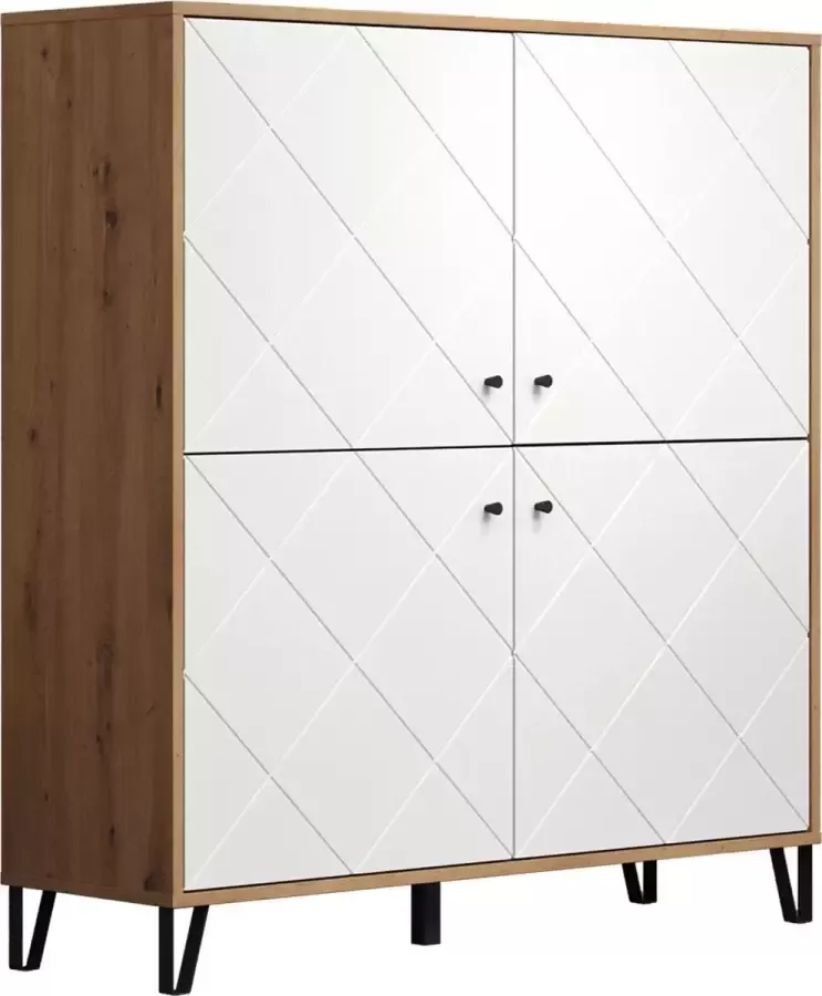 Trendteam smart living woonkamer highboard kast Touch 123 x 136 x 40 cm romp ambachtelijk eiken voorzijde mat wit met metalen poten en gestructureerde fronten - Foto 3