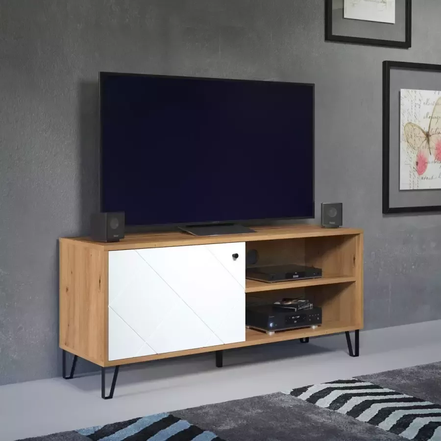 Trendteam smart living woonkamer lowboard tv-meubel tv-tafel Touch 123 x 56 x 40 cm romp ambachtelijk eiken voorzijde mat wit met metalen poten en gestructureerde fronten - Foto 6