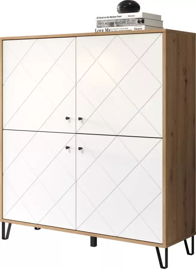 Trendteam smart living woonkamer highboard kast Touch 123 x 136 x 40 cm romp ambachtelijk eiken voorzijde mat wit met metalen poten en gestructureerde fronten - Foto 4