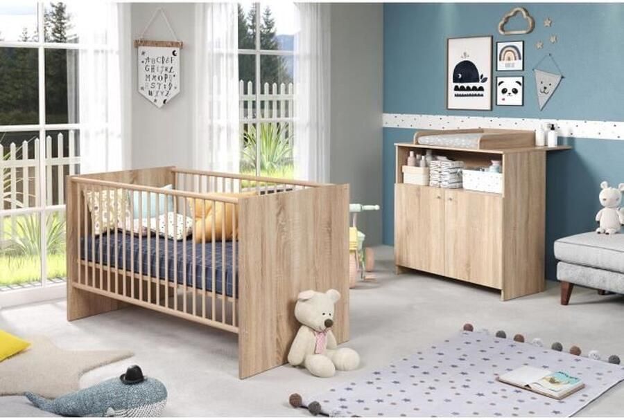 Trendteam Babykamer duo Niko 70x140 cm bed + 2 -door veranderende dressoir natuurlijk eiken decor