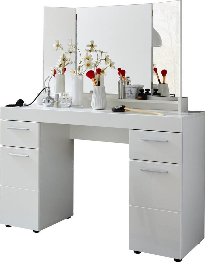 Trendteam smart living jeugdkamer kinderkamer make-up tafel kaptafel make-uptafel Amanda 120 x 141 x 41 cm in wit met veel opbergruimte en schapruimte zonder verlichting - Foto 3