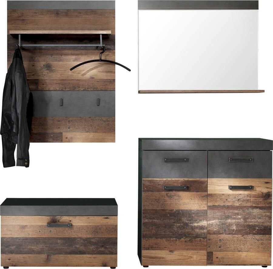 Trendteam Garderobecombinatie Indy Paneel bank spiegel commode Old Wood-decor - Foto 2
