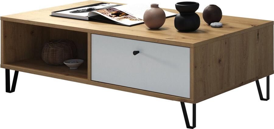 Trendteam smart living Salontafel Touch salontafel 110 x 37 x 60 cm Corpus ambachtelijk eiken front mat wit met metalen poten en gestructureerde fronten - Foto 2