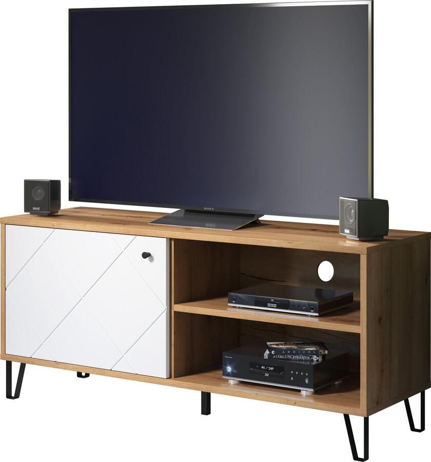 Trendteam smart living woonkamer lowboard tv-meubel tv-tafel Touch 123 x 56 x 40 cm romp ambachtelijk eiken voorzijde mat wit met metalen poten en gestructureerde fronten - Foto 3