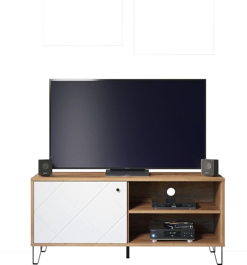 Trendteam smart living woonkamer lowboard tv-meubel tv-tafel Touch 123 x 56 x 40 cm romp ambachtelijk eiken voorzijde mat wit met metalen poten en gestructureerde fronten - Foto 4