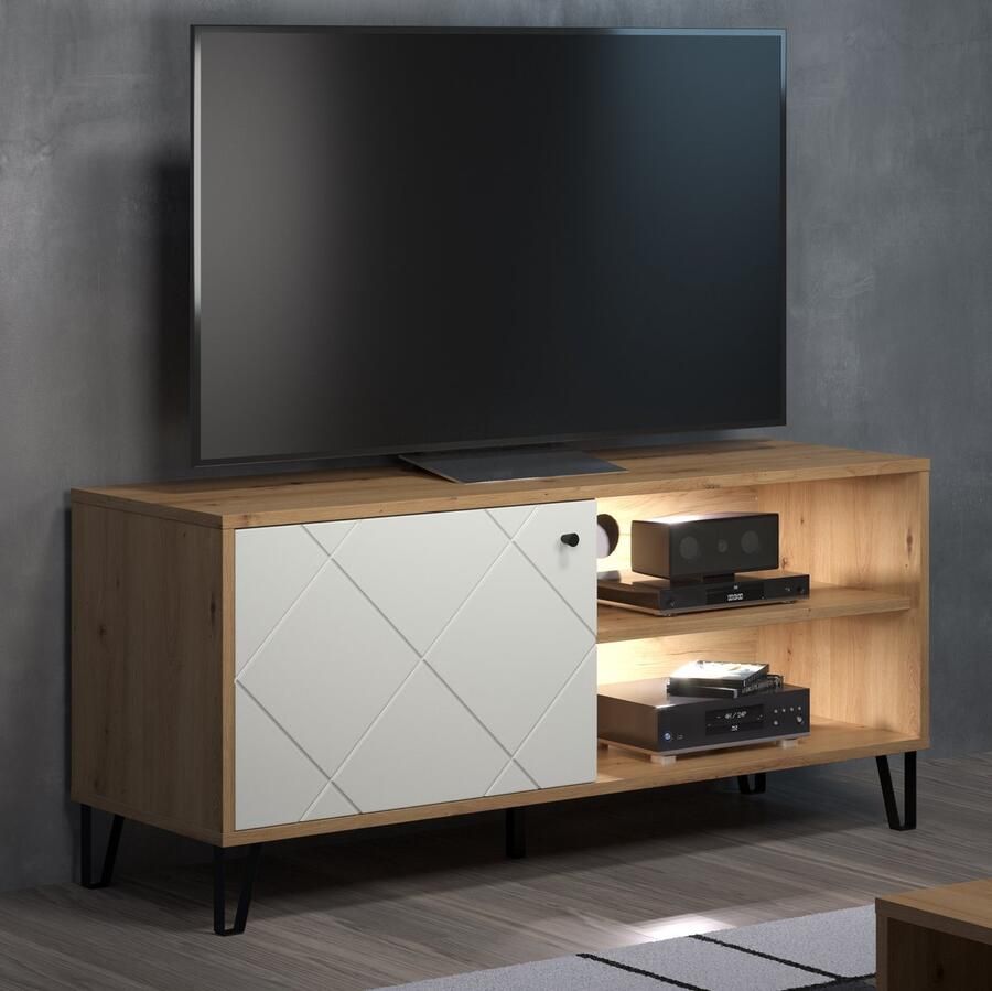 Trendteam smart living woonkamer lowboard tv-meubel tv-tafel Touch 123 x 56 x 40 cm romp ambachtelijk eiken voorzijde mat wit met metalen poten en gestructureerde fronten - Foto 2