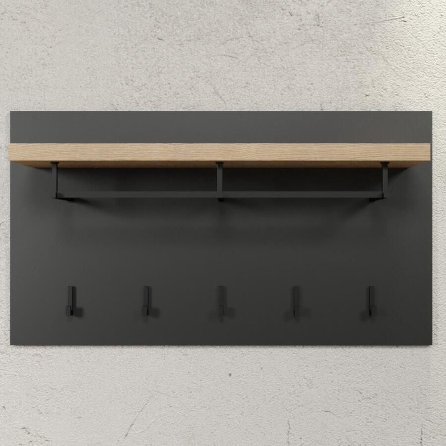 Hioshop Synnax kapstok 1 plank ophangstang 5 haken grijs eik decor