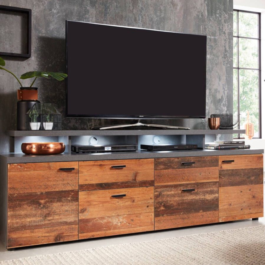 Merkloos MOOD TV-meubel 2 deuren en 2 lades Verouderd hout en mat grijze melamine L 180 x 47 x 66 cm