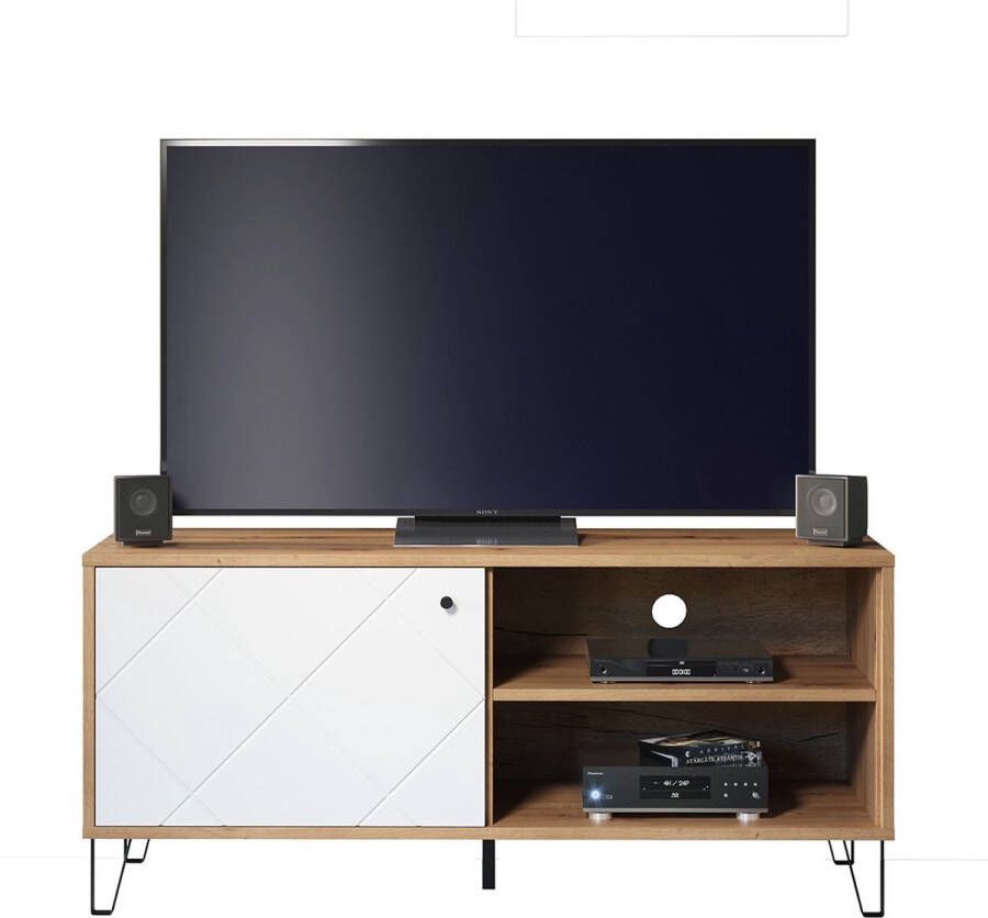 Trendteam smart living woonkamer lowboard tv-meubel tv-tafel Touch 123 x 56 x 40 cm romp ambachtelijk eiken voorzijde mat wit met metalen poten en gestructureerde fronten
