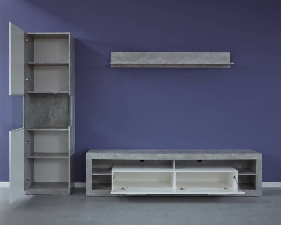 Trendteam TV Meubel Woonkamerset Rock tv-meubel vitrinekast plank Stone Grey 270cm Betonlook