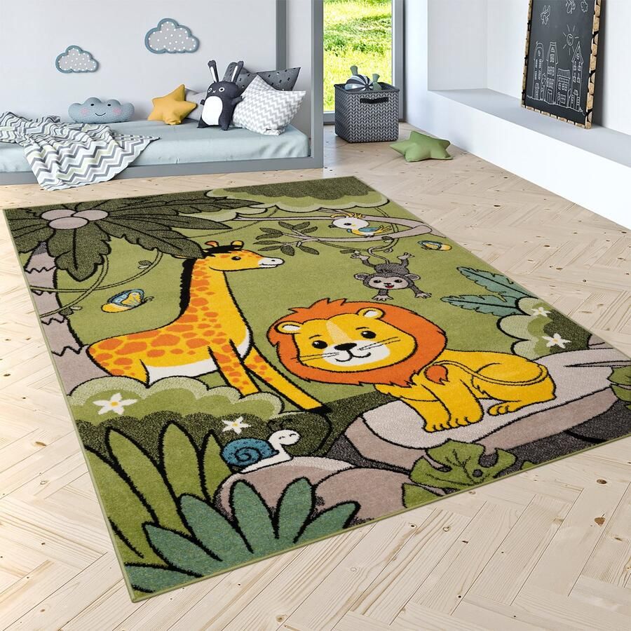 Trendy Design Paco Home Vloerkleed Kinderkamer Speelvloerkleed Jungle Dieren Palmen Aap Olifant Giraf Leeuw Groen 200x280 cm