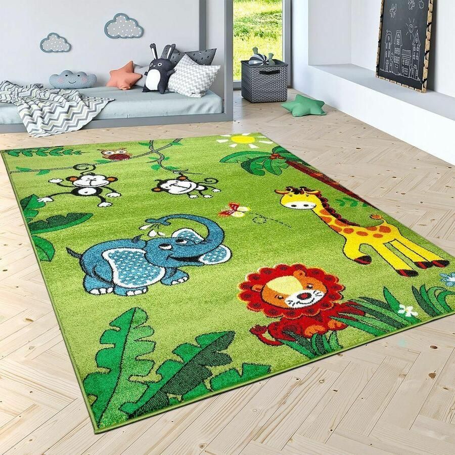 Trendy Design Paco Home Vloerkleed Kinderkamer Speelvloerkleed Jungle Dieren Palmen Aap Olifant Giraf Leeuw Groen 120x170 cm