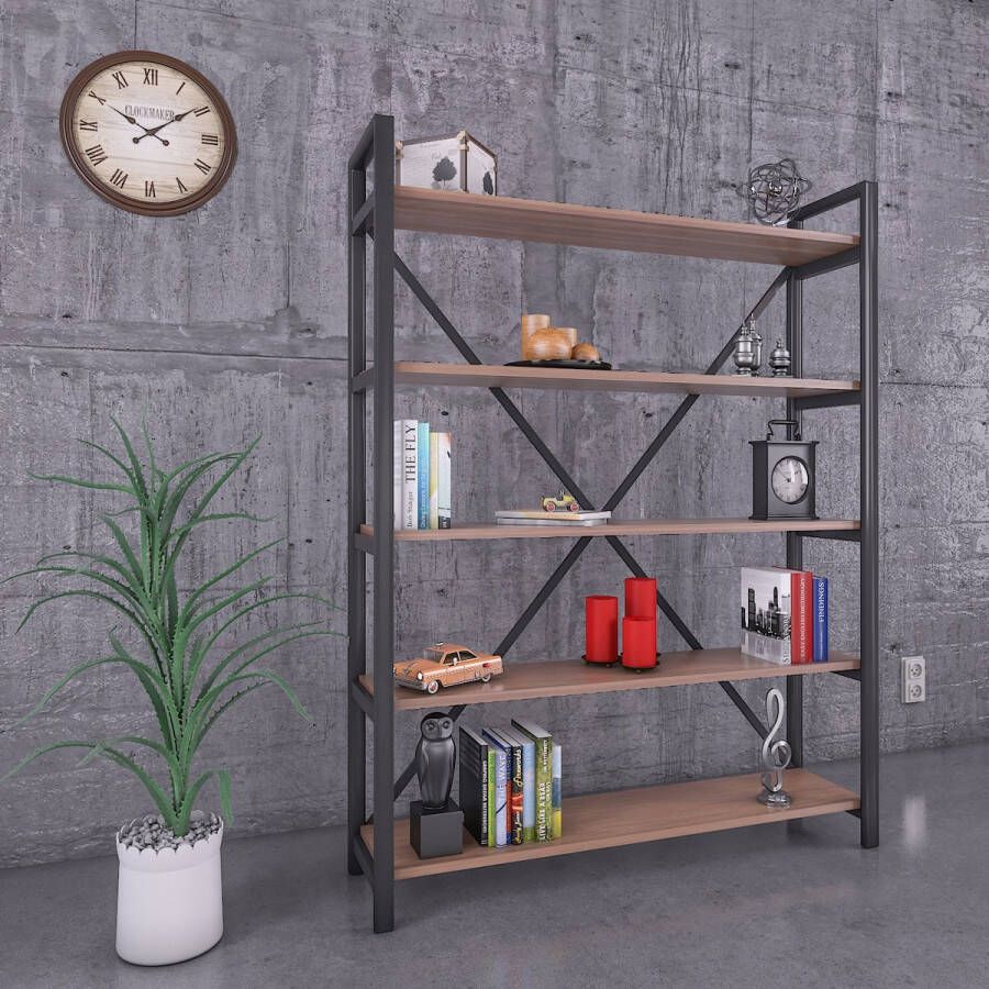 Trendy-Home Industrieel Wandkast Boekenkast NUTS Open vakkenkast met hout en Metaal 180X90X35