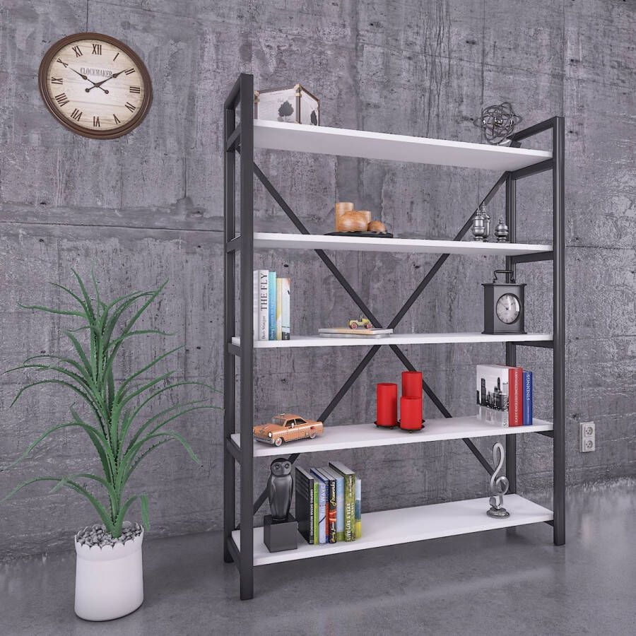 Trendy-Home Industrieel Wandkast Boekenkast WIT & NUTS Open vakkenkast met hout en Metaal 180X90X35