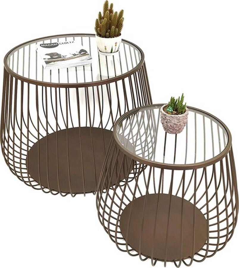 Trendybywave Bijzettafel Set van 2 Ø 75*55 Ø 53*45 cm Bruin Ijzer Glas Sidetable Tafeltje