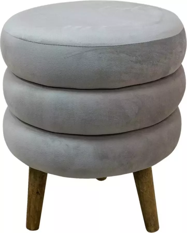 Trendybywave Poef Ø 38*44 cm Grijs Velours Hout Rond Hocker Voetenbankje