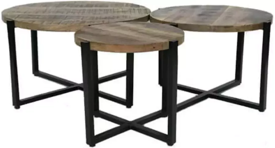 Trendybywave Tafel bijzettafels set van 3 houten tafelblad zwart onderstel rond 42cm