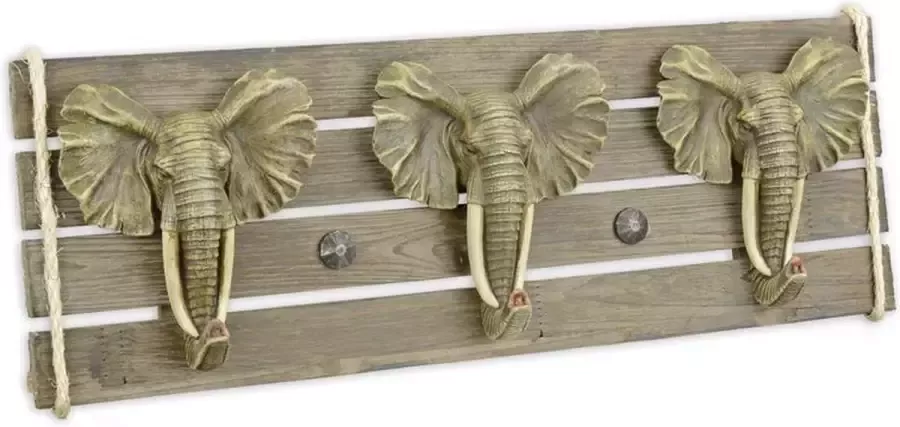 Trendybywave Wandkapstok Resin olifanten op houten plank 3 haken 14 05 cm hoog
