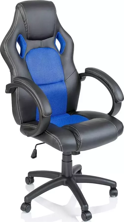 Tresko Racing bureaustoel zwart blauw gevoerde armleuningen kantelmechanisme gasveer SGS getest