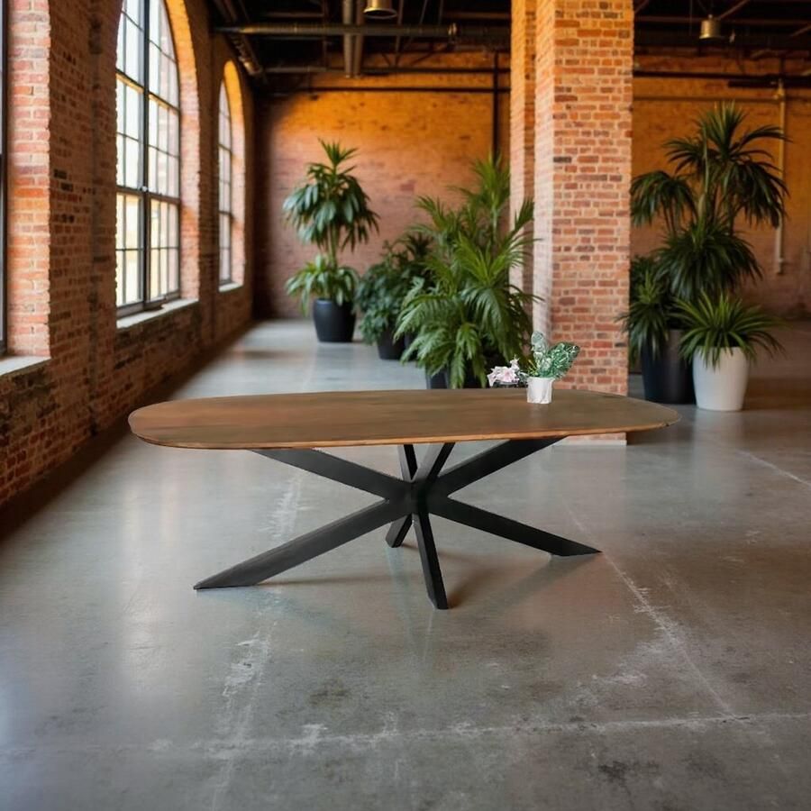 Tribe Austin Deens Ovaal Eettafel 240cm – Duurzaam Mangohout & Zwart Metaal – Industriële Luxe Eettafel Bruin –