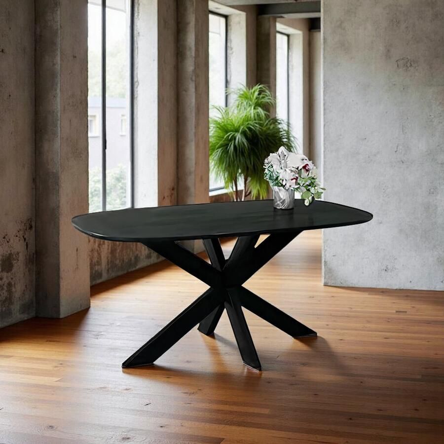 Tribe Design Eettafel Ovaal 160cm – Duurzaam Mangohout & Zwart Metalen Frame – Industriële Scandinavische Eetkamertafel –