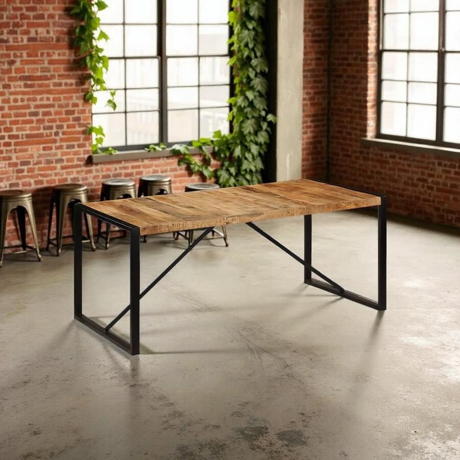 Tribe Eettafel Industrieel Mangohout 180x90 cm – Rechthoekige Houten Eettafel met Zwart Metalen Frame –