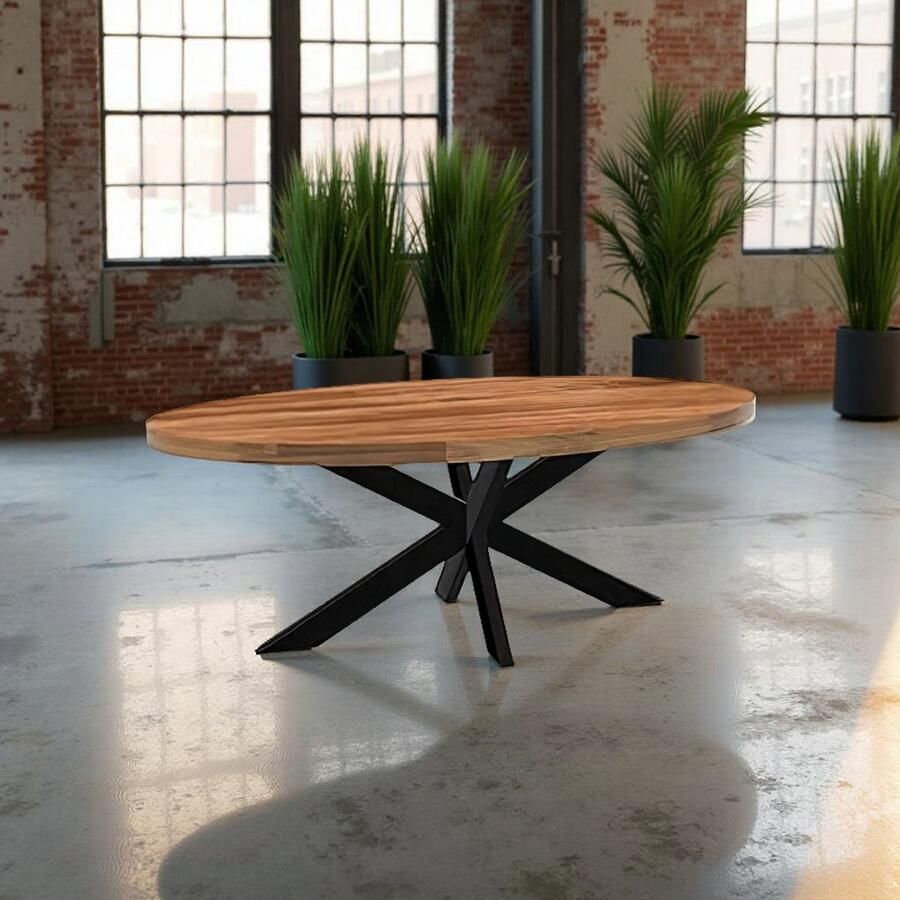 Tribe Eettafel Ovaal Mangohout 200 cm – Industriële Houten Eettafel met Zwart Metalen Frame – Duurzame Design Tafel –