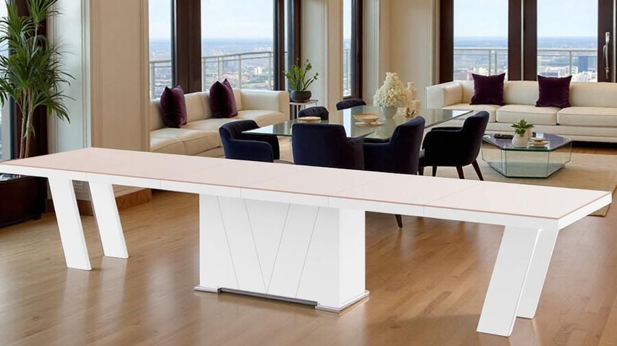 Tribe GrandExpand Luxe Uitschuifbare Eettafel – 160-412 cm – XL Eettafel voor 12 Personen – Hout met Fineer – Hoogglans Wit & Cappuccino – Stevige Design Tafel voor Eetkamer & Keuken – Modern & Tijdloos