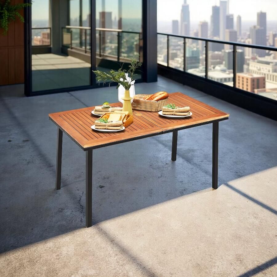 Tribe Industriële Eettafel 140x75 cm – Massief Acaciahout Tafelblad met Zwart Metalen Frame – Robuuste Houten Eettafel voor 6-8 Personen –