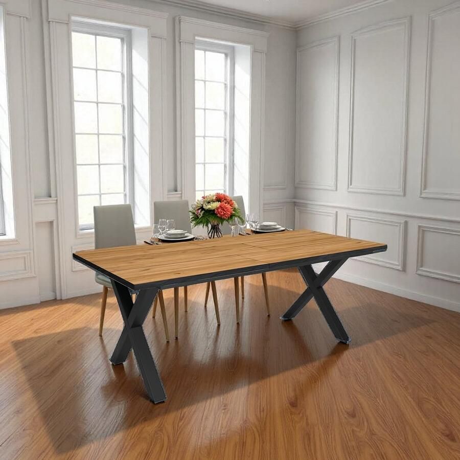 Tribe Industriële Eettafel 200 cm – Uitschuifbaar 160-200 cm – 6 tot 10 Personen – Eikenhout Look & Zwart Metaal –