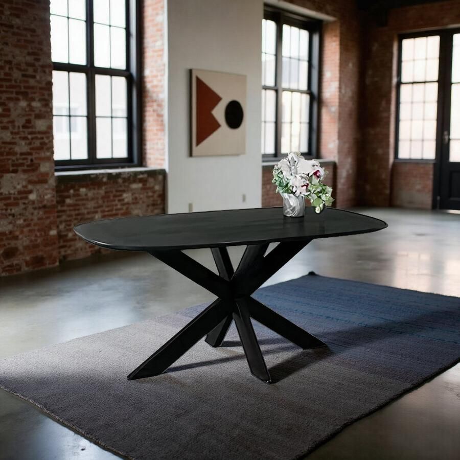 Tribe Industriële Eettafel 6 Personen – Houtlook Tafelblad & Zwart Stalen Frame – Rechthoekige Keukentafel 120x89x75 cm –