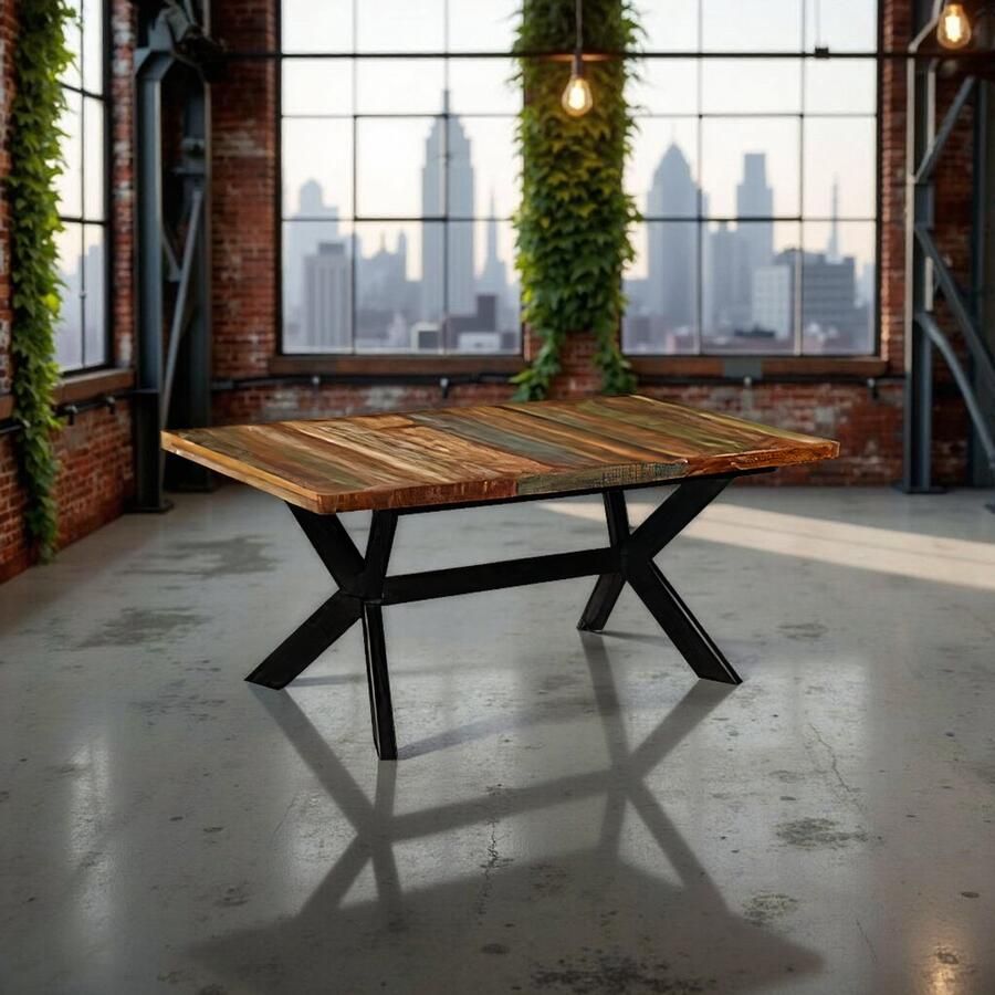 Tribe Industriële Eettafel Gerecycled Hout met Stalen X-Poten – Robuuste Houten Eetkamertafel Vintage Look 180x90x76 cm – Duurzame Massief Houten Keukentafel Dinertafel –