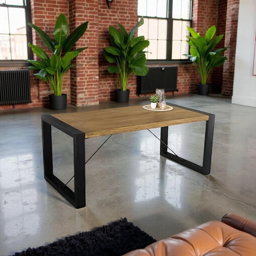Tribe Industriële Eettafel Mangohout Rechthoek 180x90 cm – Massief Duurzaam Hout & Stalen Poten – Stoere Houten Eettafel voor 6 Personen –