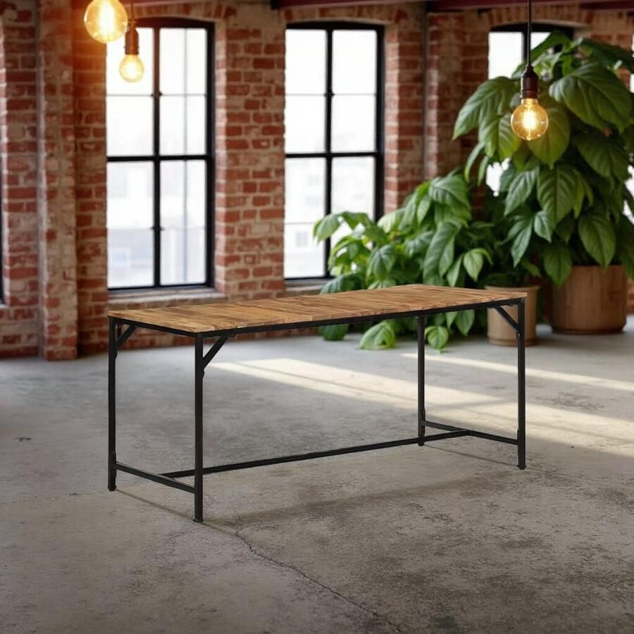 Tribe Industriële Eettafel Reclaimed Hout met Stalen Kruisframe – Duurzame Handgemaakte Houten Tafel 180x90 cm –