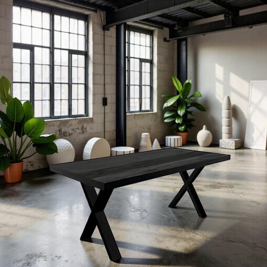 Tribe Industriële Eettafel Xavier – 200x100 cm Rechthoekige Zwarte Mangohouten Eetkamertafel met Robuuste Stalen Kruispoot – Grote Duurzame Design Tafel voor 6-8 Personen –